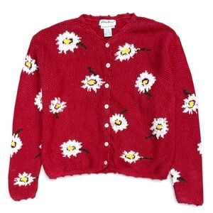 Eddie Bauer Vintage 90s Hand Knit Daisy Cardigan XL Red Linen Blend Knit Sweater